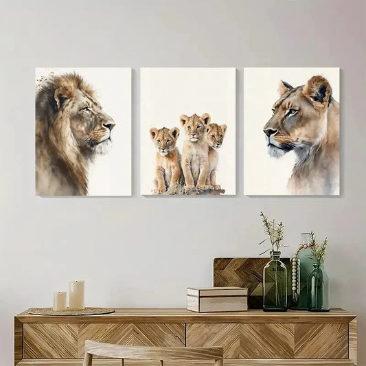 3pcs Safari Animals African Lions Minimalist Metal Print Ready to Hang Art