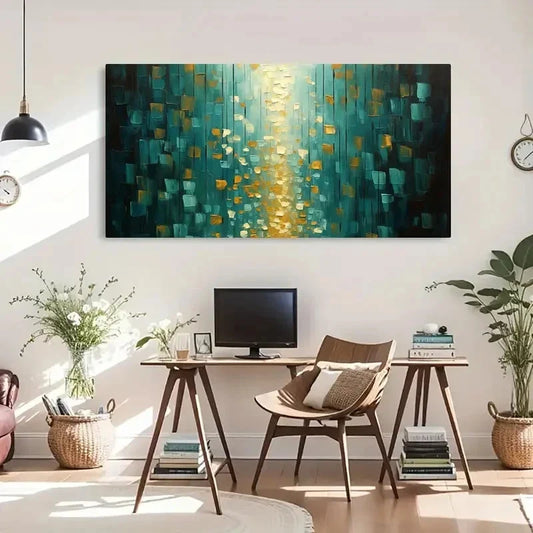 Modern Abstract Teal & Golden Wall Art Canvas Office Home Room Framed 120x60cm