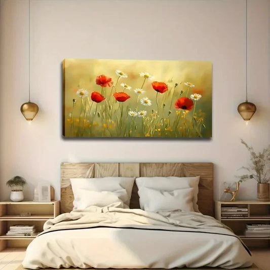 Rustic Wildflower Décor Red Wall Art Canvas Office Home Room Framed 120x60cm