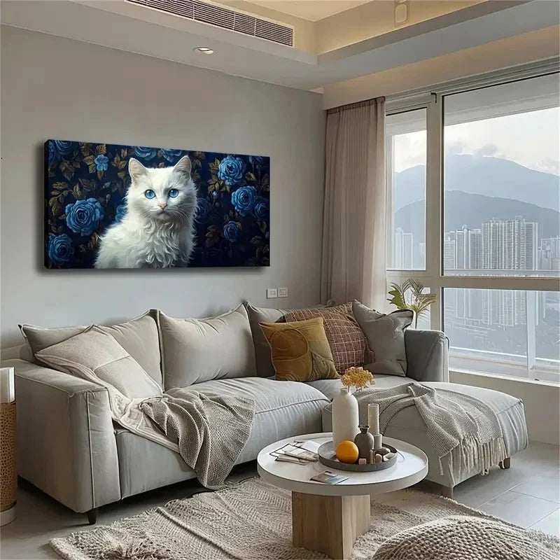 Elegant Blue-Eyed White Cat Wall Art Canvas Office Home Room Framed 120x60cm