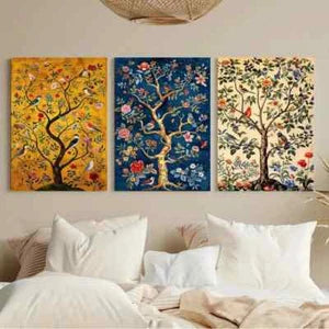 3pcs Vibrant Tree of Life Colorful Birds Metal Print Ready to Hang Art
