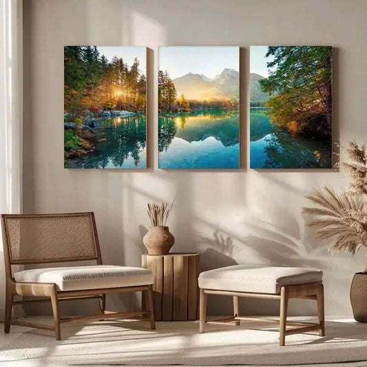 3pcs Autumn Tranquility Landscape Painting Metal Print Ready to Hang Art