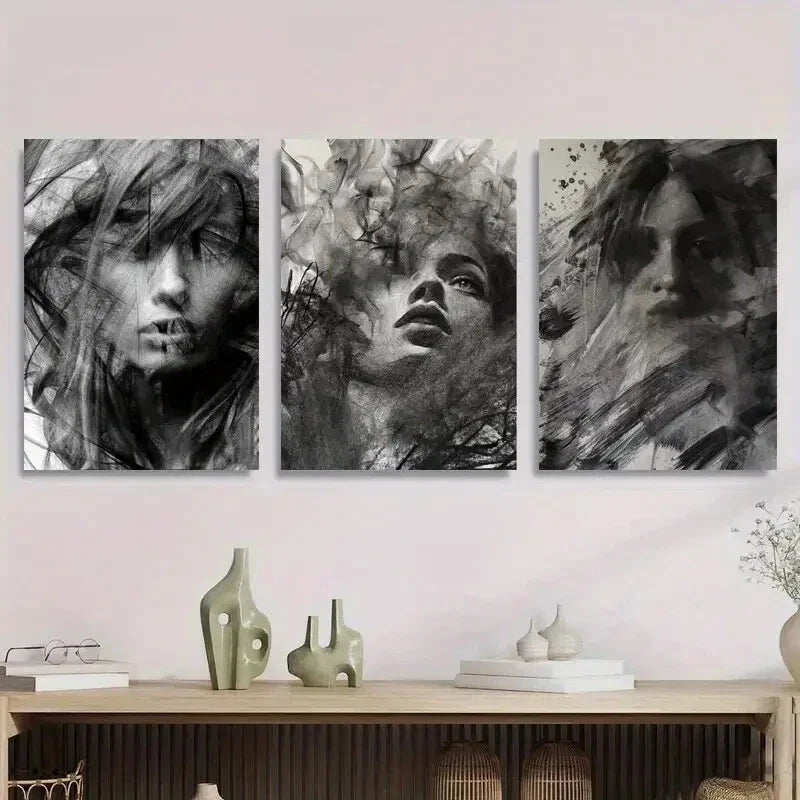 3pcs Abstract Black and White Female Metal Print Ready to Hang Art