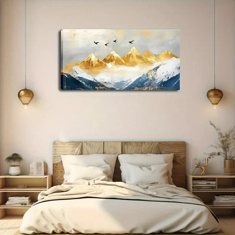 Golden Peaks & Snowy Peaks Wall Art Canvas Office Home Room Framed 80x45cm