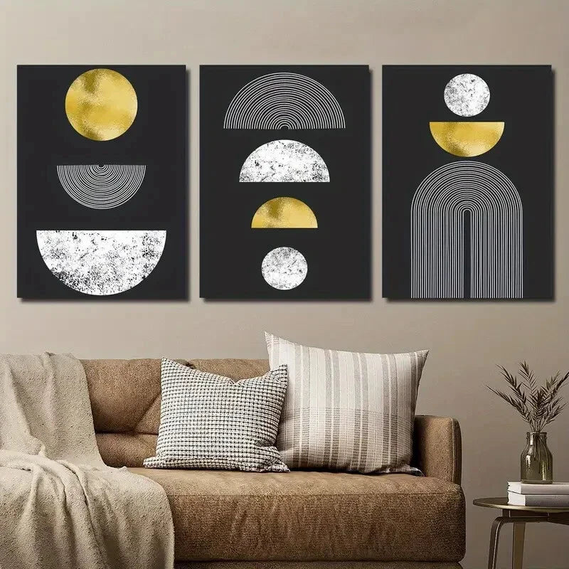 3pcs Black And Golden Geometric Wall Art Set Canvas Framed 40x60cm - High Quality Print 100% Australian Made Wall Canvas Ready to Hang