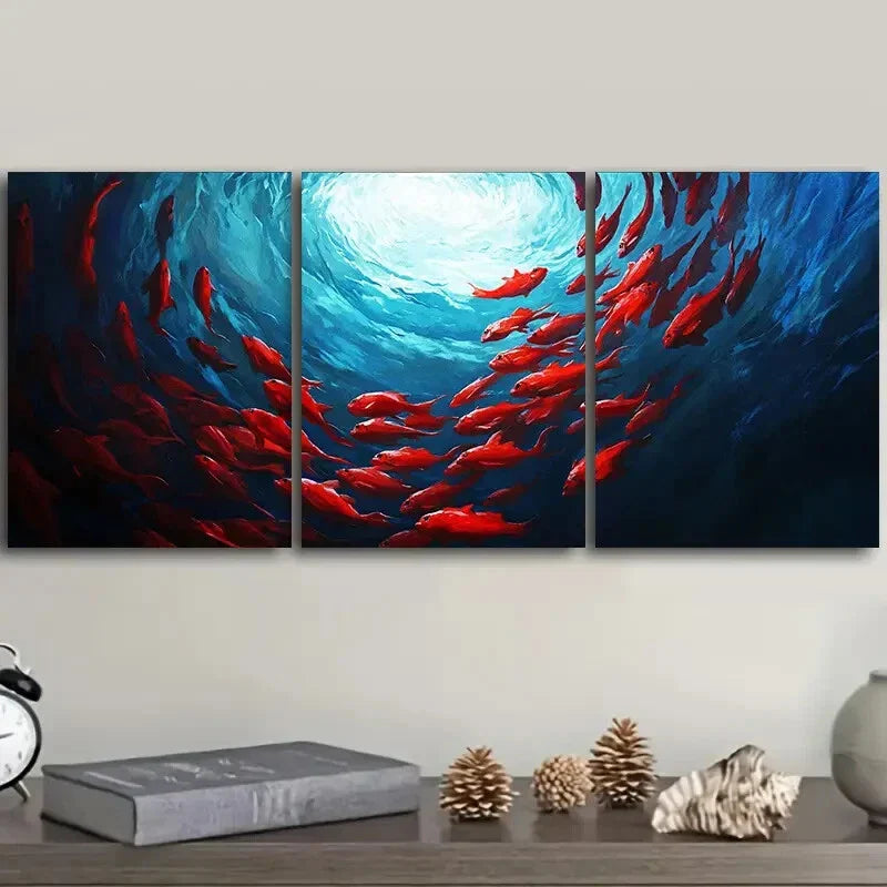 3pcs Colorful Red Fish Spiraling in the Perfect Wall Art Set Canvas Framed 40x60cm - High Quality Print 100% Australian Made Wall Canvas Ready to Hang