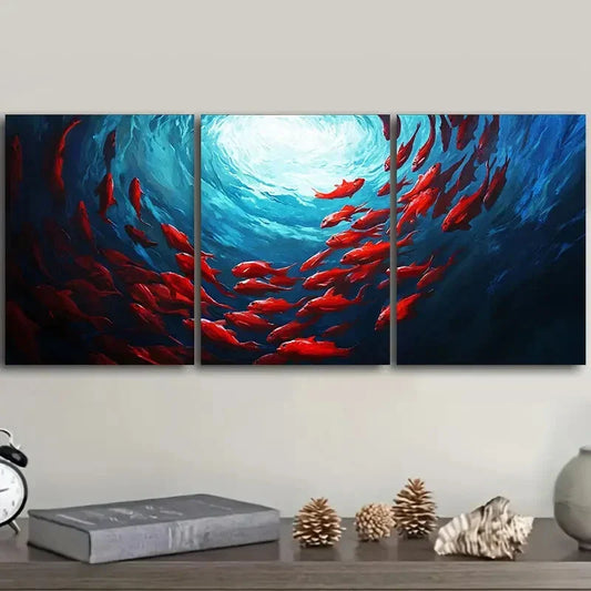 3pcs Colorful Red Fish Spiraling in the Perfect Wall Art Set Canvas Framed 40x60cm - High Quality Print 100% Australian Made Wall Canvas Ready to Hang