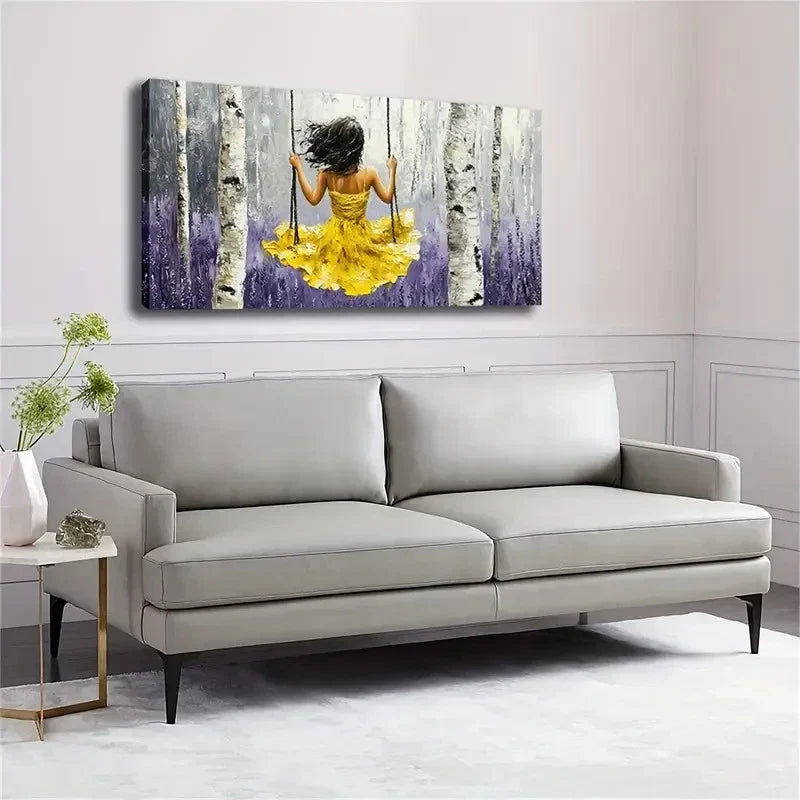 Woman In Yellow Dress Swinging Wall Art Canvas Office Home Room Framed 120x60cm