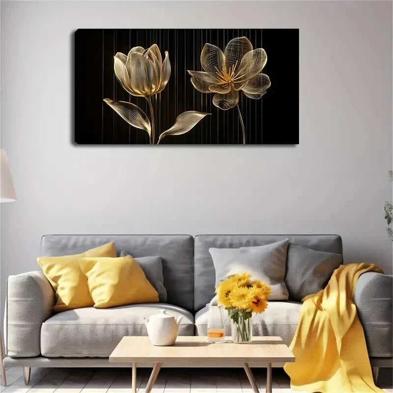 Modern Minimalist Golden Floral Wall Art Canvas Office Home Room Framed 80x45cm