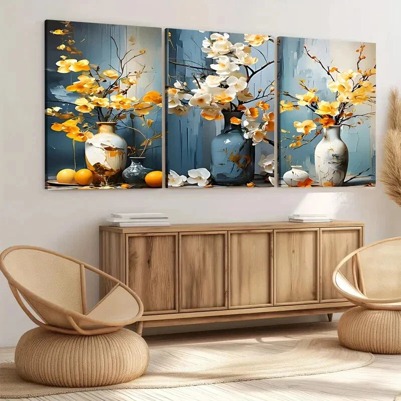 3pcs Floral Bonsai Elegant White & Yellow Florals Wall Art Set Canvas Framed 40x60cm - High Quality Print 100% Australian Made Wall Canvas Ready to Hang