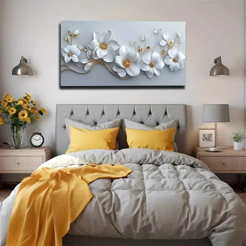 Exquisitel Shaped White Flowers Wall Art Canvas Office Home Room Framed 120x60cm