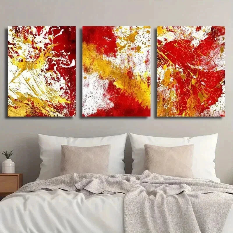3pcs Red Golden & White Splatter Decor Wall Art Set Canvas Framed 40x60cm - High Quality Print 100% Australian Made Wall Canvas Ready to Hang