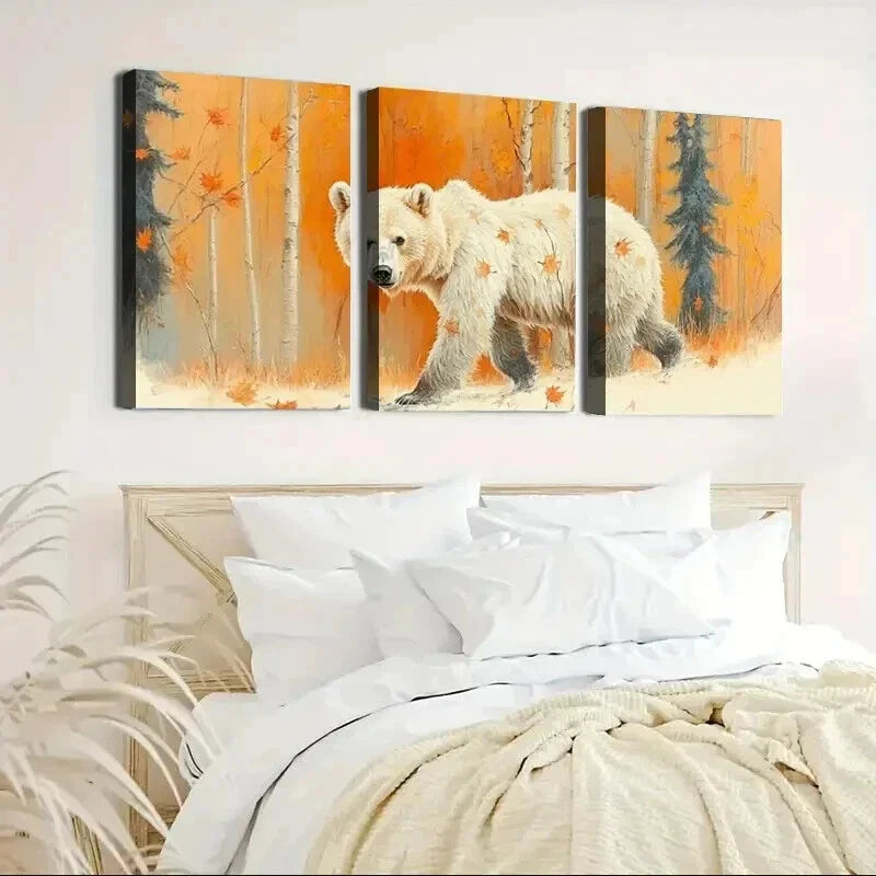 3pcs Bear in a Autumn Falling Leaves Forest Wall Art Set Canvas Framed 40x60cm - High Quality Print 100% Australian Made Wall Canvas Ready to Hang