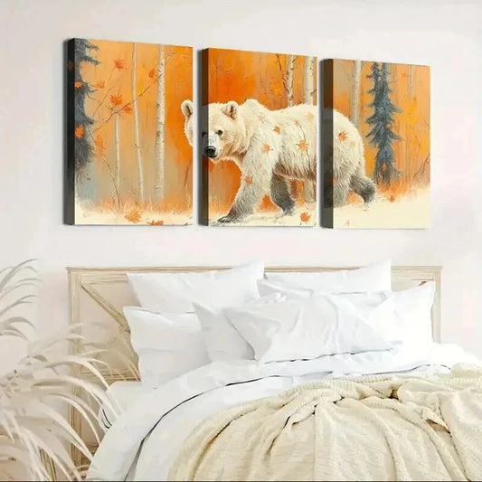 3pcs Bear in a Autumn Falling Leaves Forest Wall Art Set Canvas Framed 40x60cm - High Quality Print 100% Australian Made Wall Canvas Ready to Hang