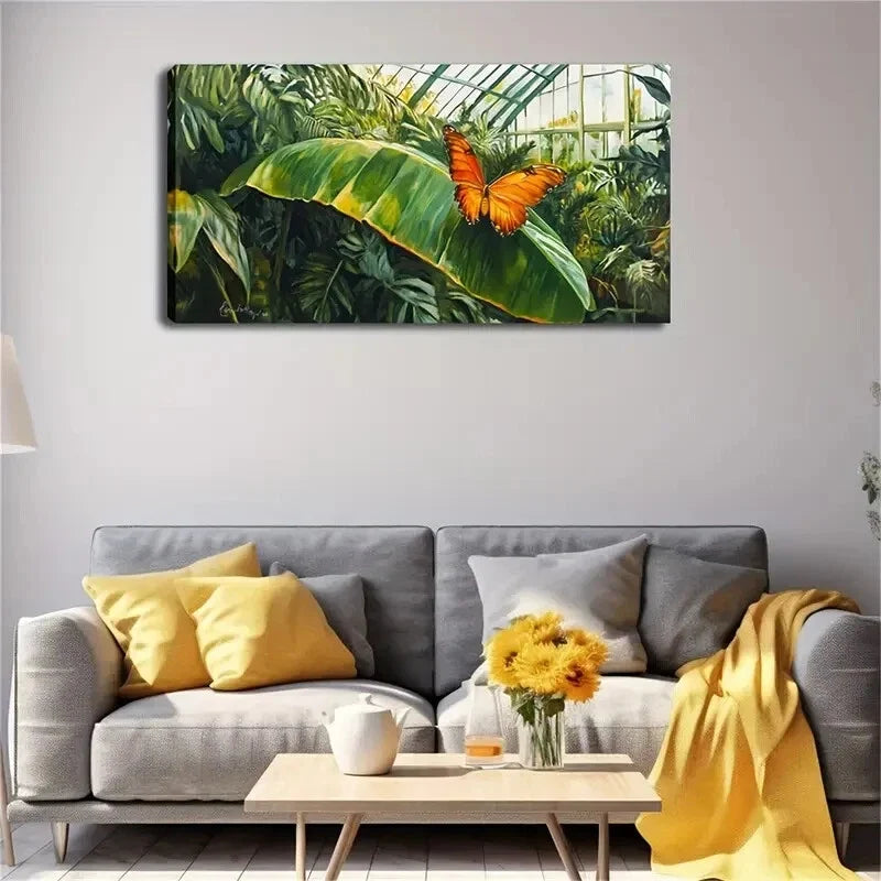 Vibrant Orange Butterfly Green Wall Art Canvas Office Home Room Framed 120x60cm