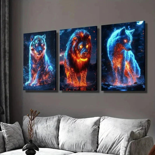 3pcs Burning Tiger Lion and Wolf Illustration Wall Art Set Canvas Framed 40x60cm - High Quality Print 100% Australian Made Wall Canvas Ready to Hang