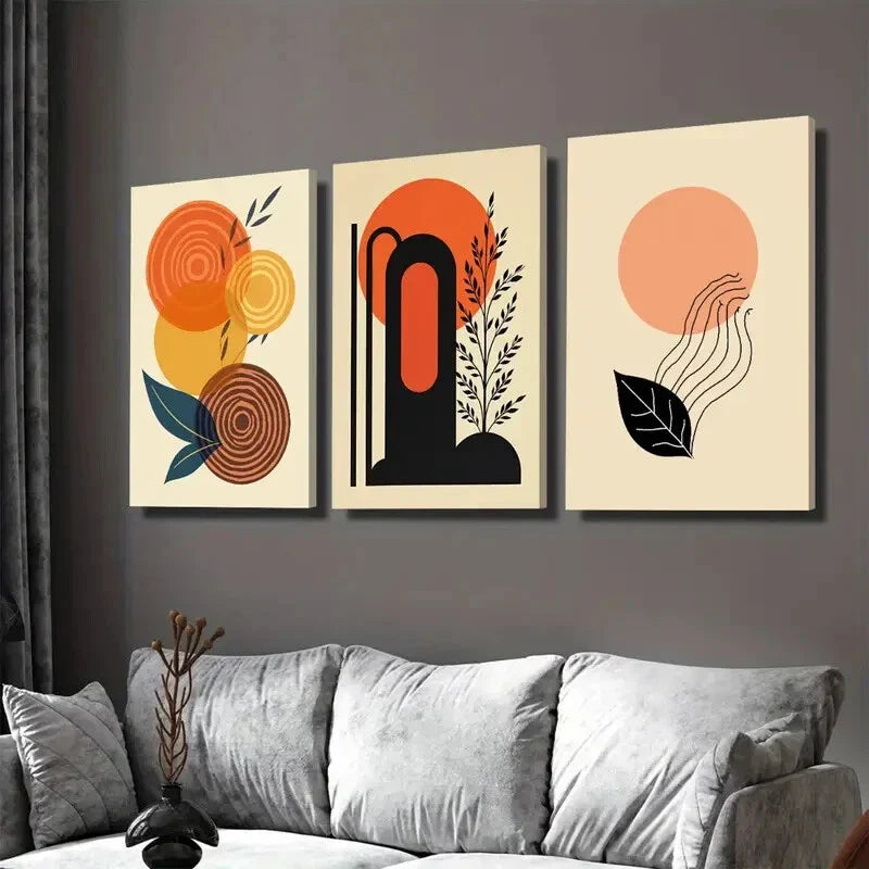 3pcs Vibrant Orange & Black Geometric Abstract Wall Art Set Canvas Framed 40x60cm - High Quality Print 100% Australian Made Wall Canvas Ready to Hang