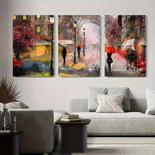 3pcs Romantic Rainy City Street Umbrella Metal Print Ready to Hang Art