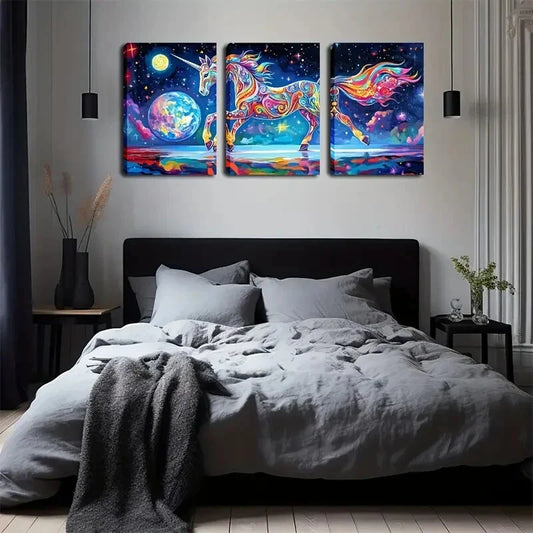 3pcs Celestial Horse Design Wall Art Set Canvas Framed 40x60cm - High Quality Print 100% Australian Made Wall Canvas Ready to Hang