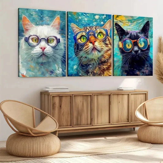 3pcs Cat Swimming White Orange & Black Cats Wall Art Set Canvas Framed 40x60cm - High Quality Print 100% Australian Made Wall Canvas Ready to Hang