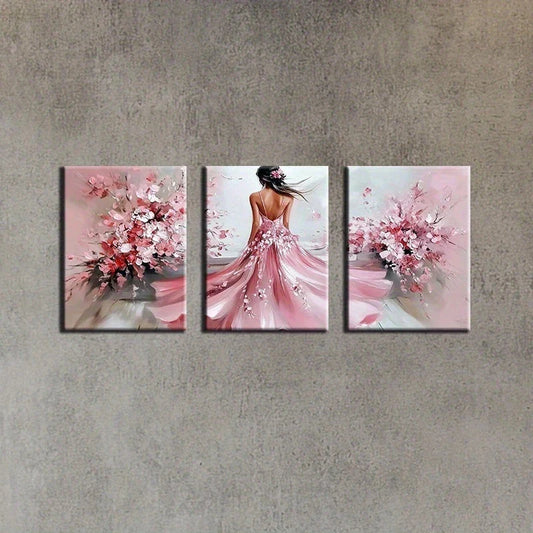 3pcs Pink Dress Woman Modern Flowers Metal Print Ready to Hang Art