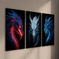 3pcs Ancient Flame Dragon with Shining Teeth Wall Art Set Canvas Framed 40x60cm - High Quality Print 100% Australian Made Wall Canvas Ready to Hang