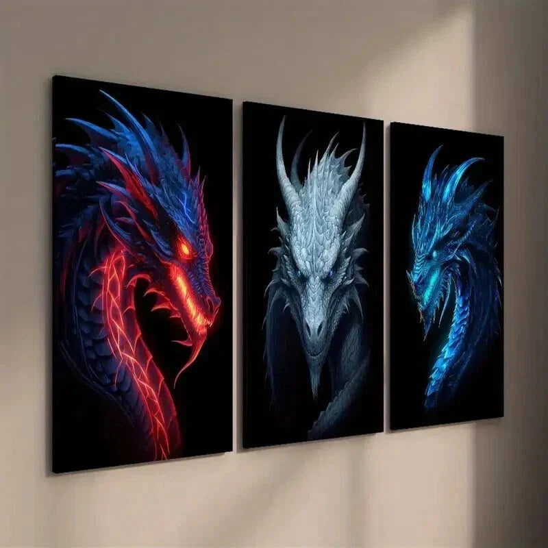 3pcs Ancient Flame Dragon with Shining Teeth Wall Art Set Canvas Framed 40x60cm - High Quality Print 100% Australian Made Wall Canvas Ready to Hang