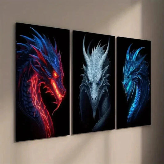 3pcs Ancient Flame Dragon with Shining Teeth Wall Art Set Canvas Framed 40x60cm - High Quality Print 100% Australian Made Wall Canvas Ready to Hang