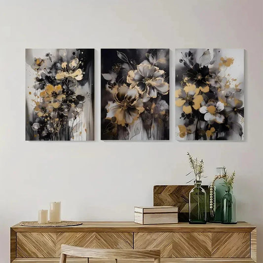 3pcs Black & Golden Floral Painting Metal Print Ready to Hang Art
