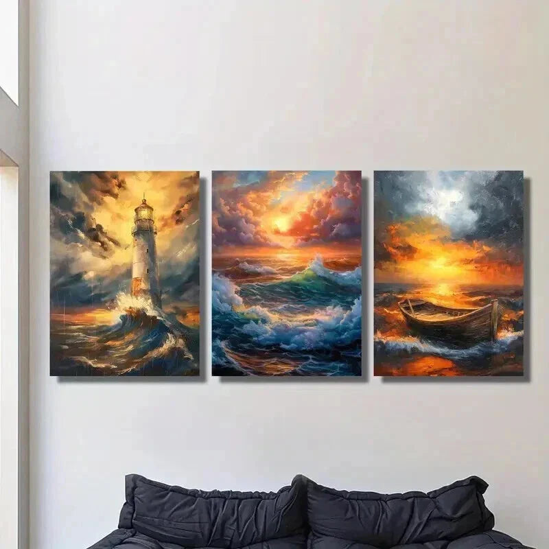 3pcs Lighthouse Landscape & Boat Portrait Wall Art Set Canvas Framed 40x60cm - High Quality Print 100% Australian Made Wall Canvas Ready to Hang
