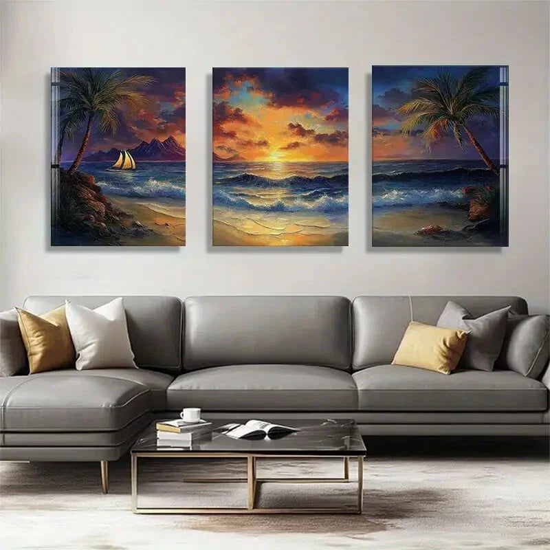 3pcs Sunset Sailing Boat Vibrant Sky Perfect Wall Art Set Canvas Framed 40x60cm - High Quality Print 100% Australian Made Wall Canvas Ready to Hang