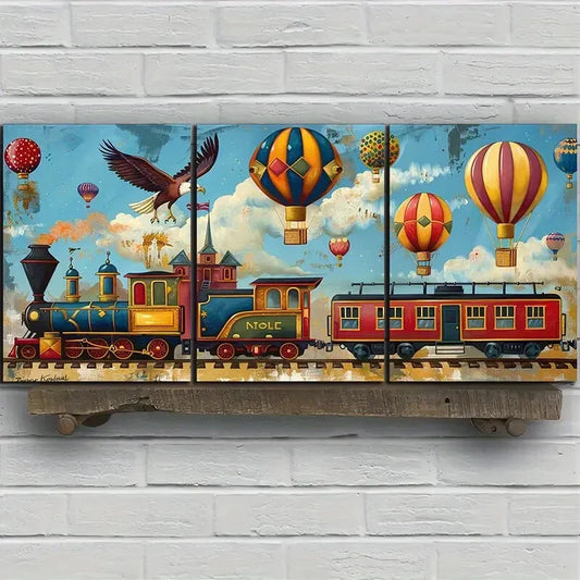 3pcs Colourful Train Air Balloon Eagle Metal Print Ready to Hang Art