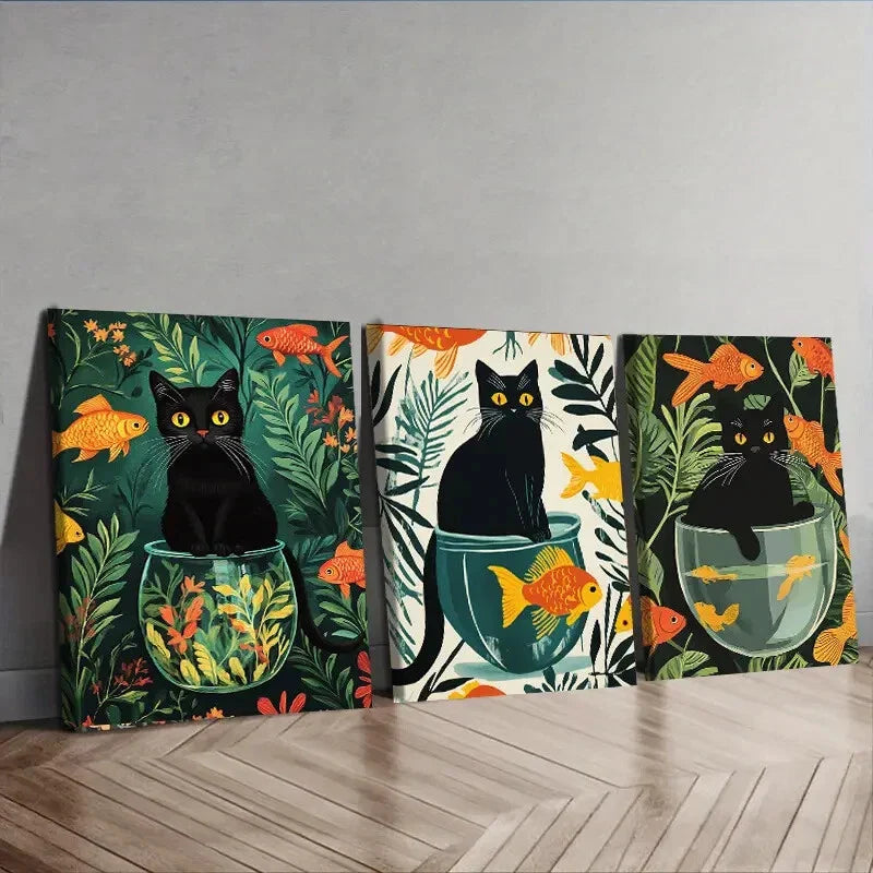 3pcs Black Cats Colorful Orange Fish Perfect Wall Art Set Canvas Framed 40x60cm - High Quality Print 100% Australian Made Wall Canvas Ready to Hang