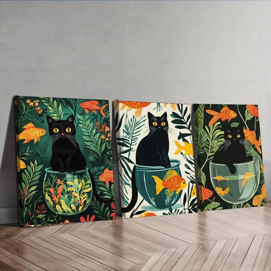 3pcs Black Cats Colorful Orange Fish Perfect Wall Art Set Canvas Framed 40x60cm - High Quality Print 100% Australian Made Wall Canvas Ready to Hang