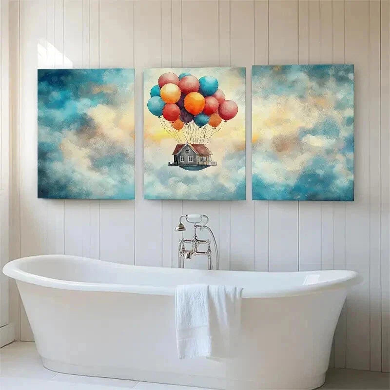 3pcs Floating House Colorful Balloon Perfect Wall Art Set Canvas Framed 40x60cm - High Quality Print 100% Australian Made Wall Canvas Ready to Hang