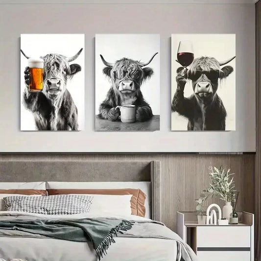 3pcs Black and White Highland Cow Cows with Drink Metal Print Ready to Hang Art