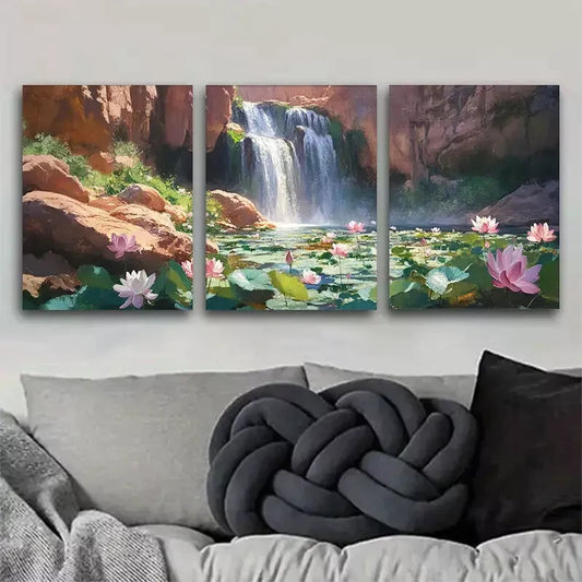 3pcs  Natural Waterfall and Lotus Landscape Wall Art Set Canvas Framed 40x60cm - High Quality Print 100% Australian Made Wall Canvas Ready to Hang