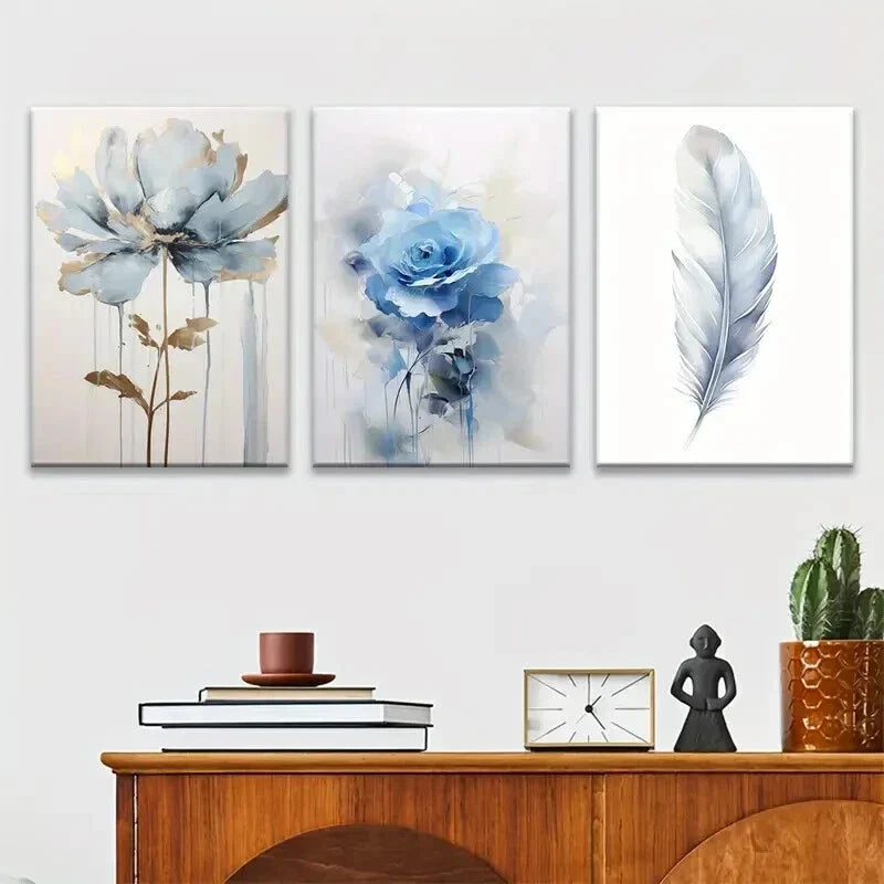 3pcs Elegant Floral & Feather Designs Wall Art Set Canvas Framed 40x60cm - High Quality Print 100% Australian Made Wall Canvas Ready to Hang