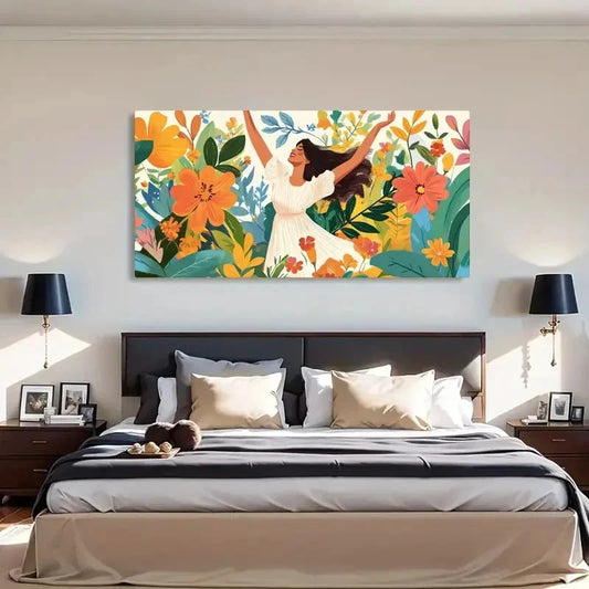 Vibrant Tropical Woman White Wall Art Canvas Office Home Room Framed 120x60cm