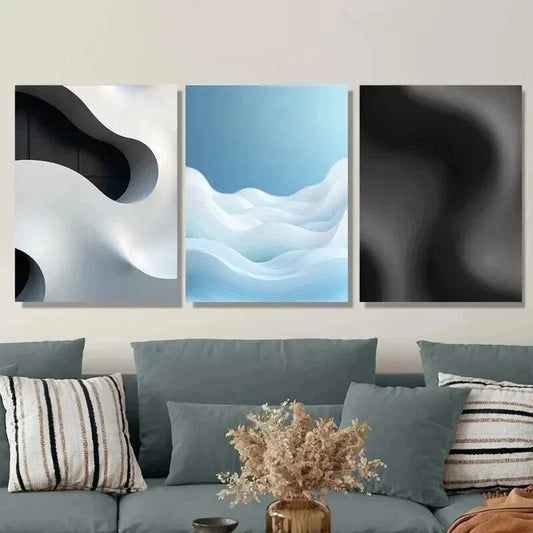 3pcs Modern Abstract Wave Patterns in Black Wall Art Set Canvas Framed 40x60cm - High Quality Print 100% Australian Made Wall Canvas Ready to Hang