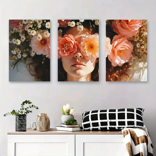 3pcs Blush Pink Daisy Floral Woman Metal Print Ready to Hang Art