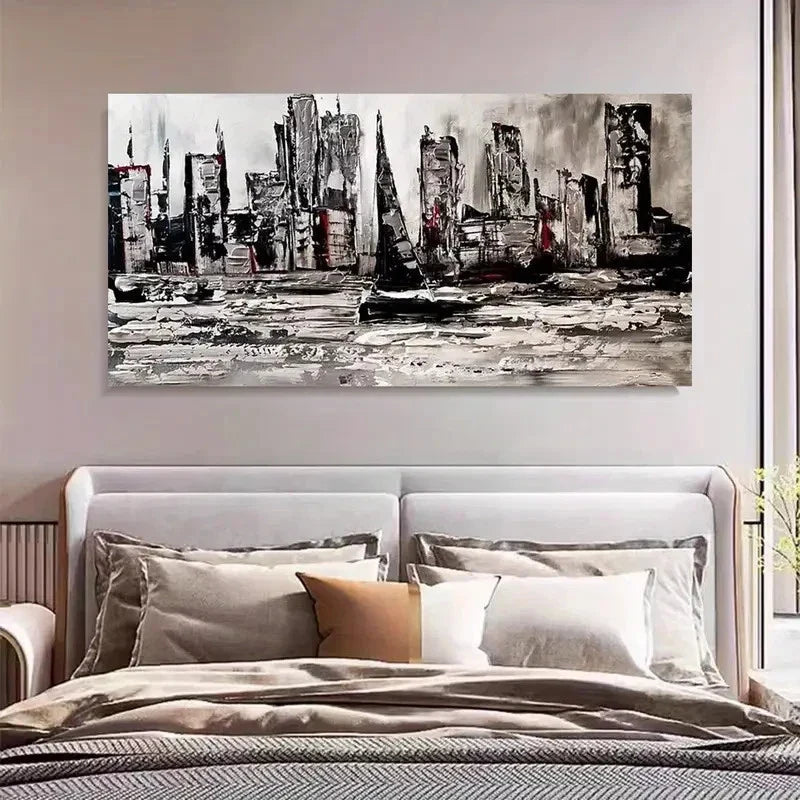 Gray Abstract City And Seascape Wall Art Canvas Office Home Room Framed 120x60cm