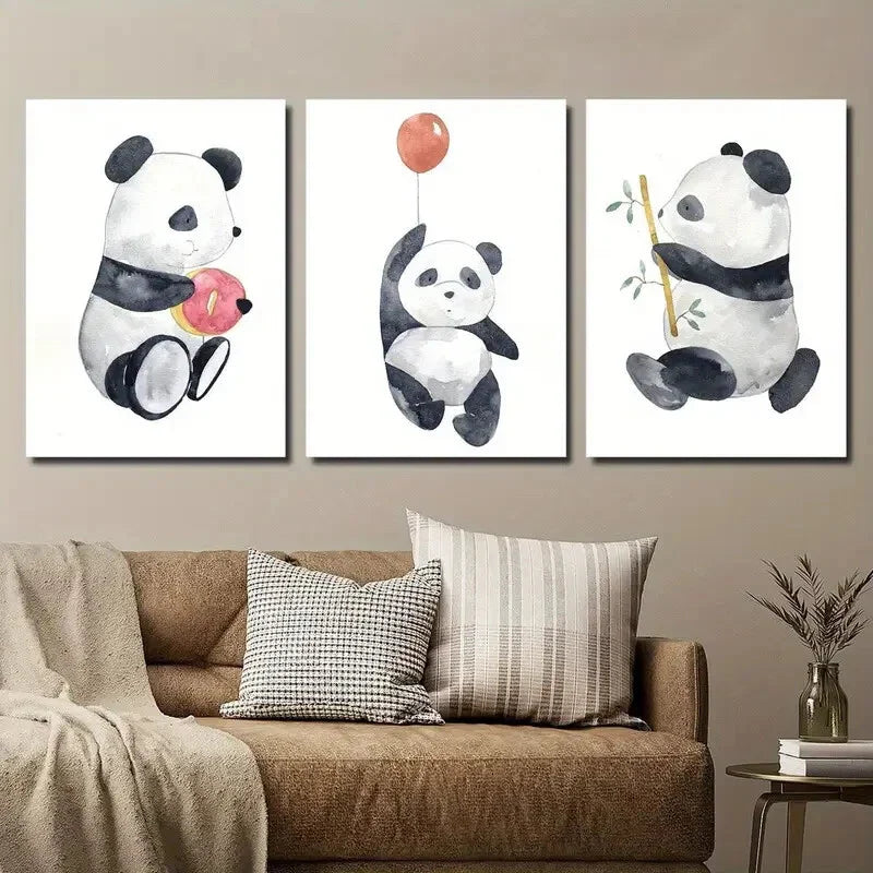 3pcs Adorable Panda with Donut Balloon & Bamboo Wall Art Set Canvas Framed 40x60cm - High Quality Print 100% Australian Made Wall Canvas Ready to Hang