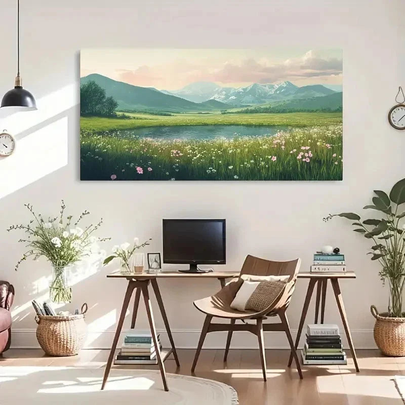 Lake & Green Grass Decor Wall Art Canvas Office Home Room Framed 120x60cm