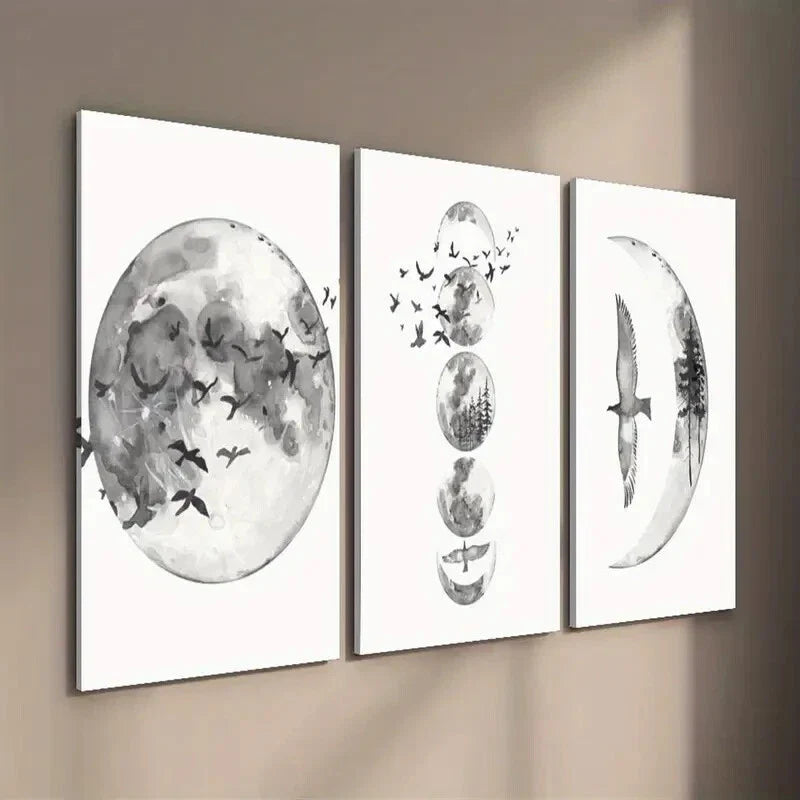 3pcs Black and White Moon Phase Wall Art Set Canvas Framed 40x60cm - High Quality Print 100% Australian Made Wall Canvas Ready to Hang