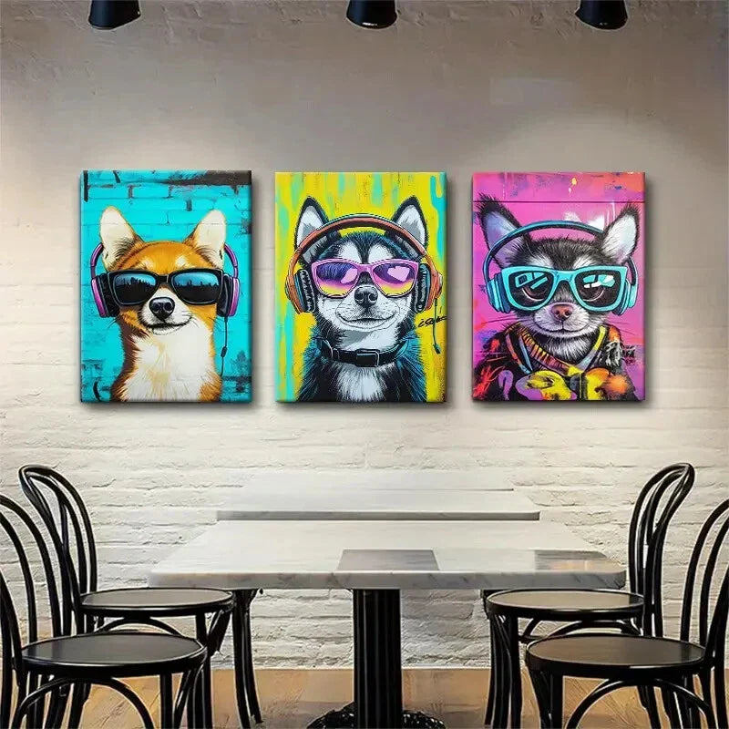 3pcs Cool Dogs in Headphones Pop Style Perfect Wall Art Set Canvas Framed 40x60cm - High Quality Print 100% Australian Made Wall Canvas Ready to Hang