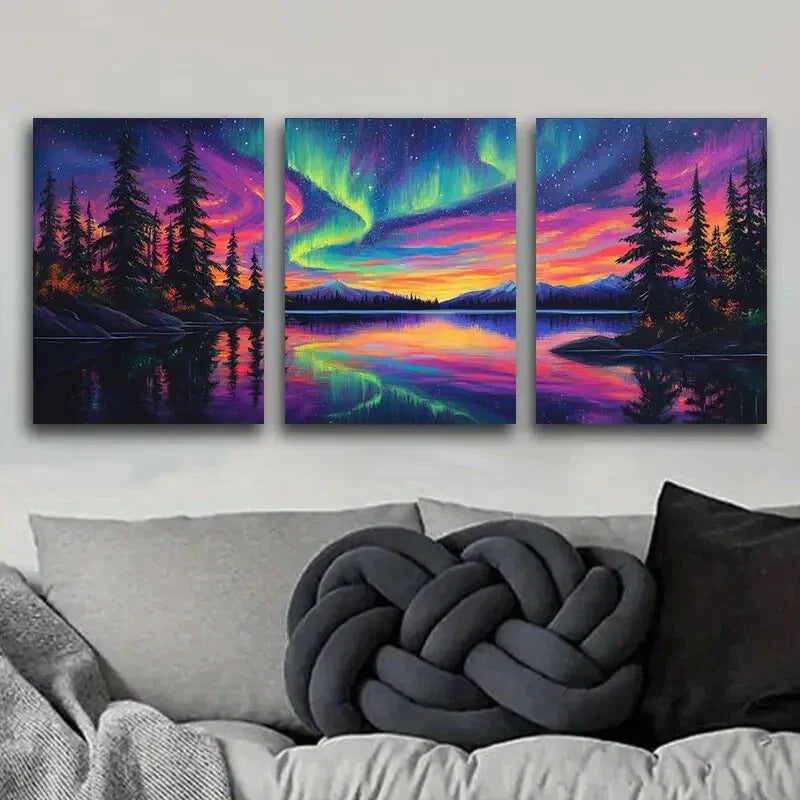 3pcs Aurora Forest Colorful Evening Dark Perfect Wall Art Set Canvas Framed 40x60cm - High Quality Print 100% Australian Made Wall Canvas Ready to Hang
