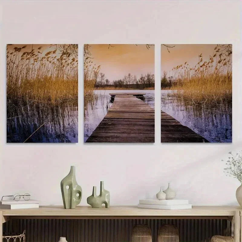 3pcs Scenic Lake Sunset Triptych paintings Wall Art Set Canvas Framed 40x60cm - High Quality Print 100% Australian Made Wall Canvas Ready to Hang