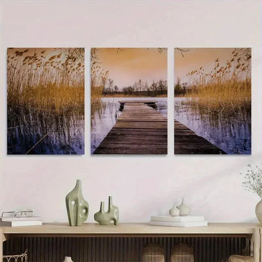 3pcs Scenic Lake Sunset Triptych paintings Wall Art Set Canvas Framed 40x60cm - High Quality Print 100% Australian Made Wall Canvas Ready to Hang