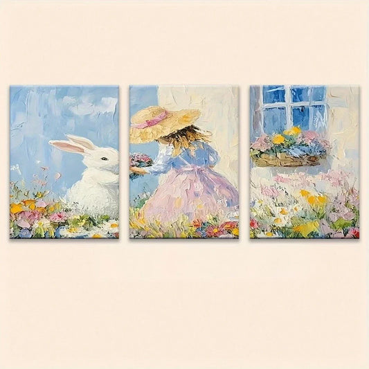 3pcs Vibrant Playful Lady Colorful Flowers Metal Print Ready to Hang Art